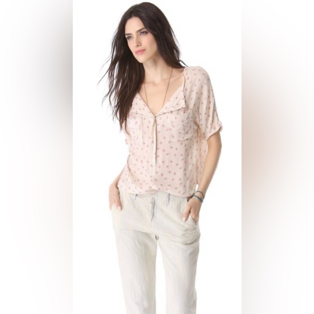 FREE PEOPLE American Pie Floral Blouse Top Shirt Dainty Flower Ivory Pink Red